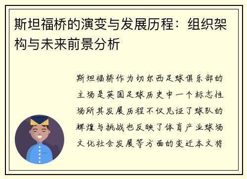 斯坦福桥的演变与发展历程:组织架构与未来前景分析 斯坦福桥的演变与发展历程:组织架构与未来前景分析