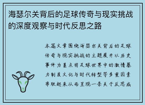 海瑟尔关背后的足球传奇与现实挑战的深度观察与时代反思之路 海瑟尔关背后的足球传奇与现实挑战的深度观察与时代反思之路