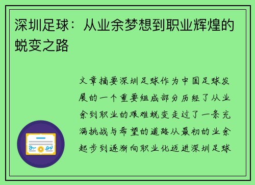 深圳足球：从业余梦想到职业辉煌的蜕变之路