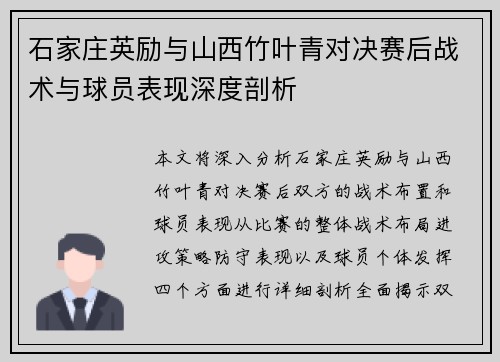 石家庄英励与山西竹叶青对决赛后战术与球员表现深度剖析